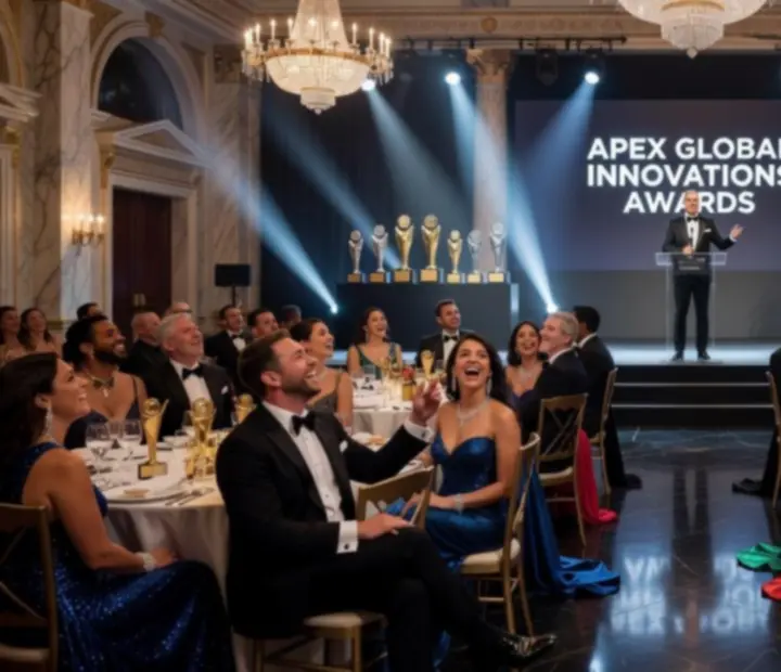 Black-tie ceremoniál s osvětleným pódiem a publikem při udílení cen
