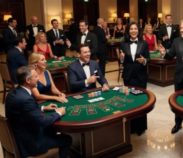 Firemní hosté u elegantních herních stolů s fun-money žetony