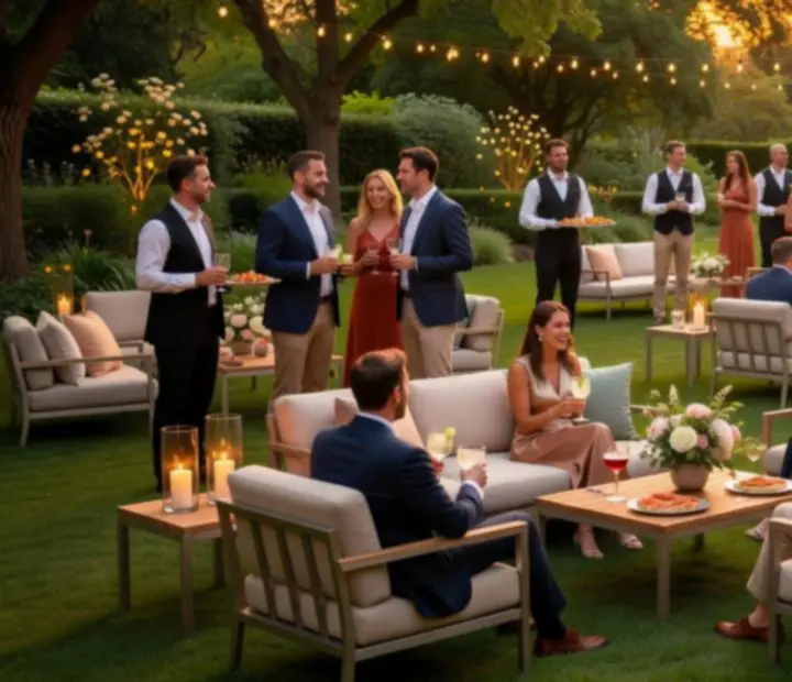 Letní firemní garden party s lounge zónami a venkovním osvětlením