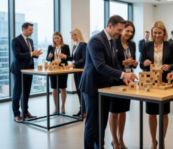 Kolegové spolupracují při interaktivním teambuildingovém úkolu